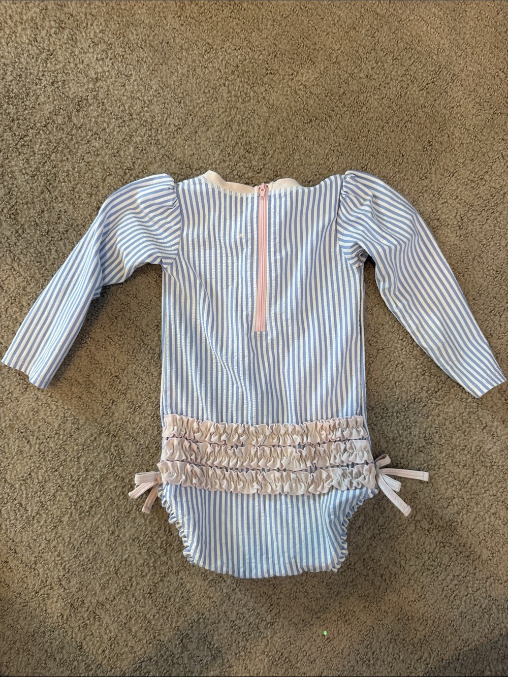 Ruffle Butts Long-Sleeve Blue & White Striped One-Piece with Pink Ruffle Detail